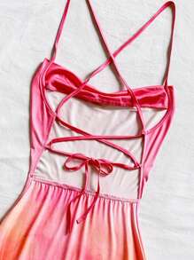 Soleia 女士休闲浪漫度假连衣裙，渐变棕榈树风景印花，深 V 领露背系带细肩带连衣裙 - 彩色 - 查看 7