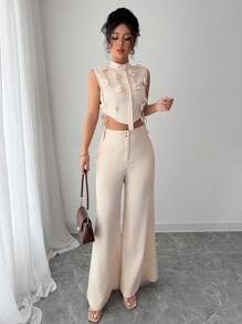 Elenzga Bộ 2 áo không tay họa tiết hoa 3D thanh lịch dành cho nữ và quần dài thường ngày - Màu be - Xem 6