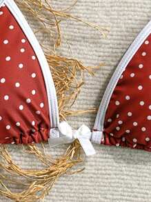 Soleia Summer Outfits For Women,Swim Suits For Women,Vacation Outfits Woman,Beach Outfits For Woman,Beachwear,Women's Red And White Polka Dot Print Contrast Tie Beach Bikini Top With Bow Embellishment - Apricot - View 3