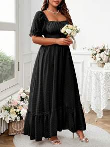 Flirla Plus Size Sweet Romantic Pink Square Neck Bowknot Ruffle Hem Long Dress Easter Wear - Black - View 5