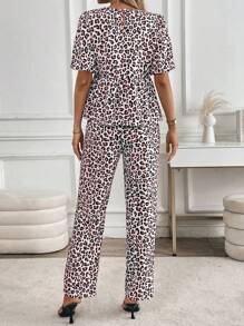 Chiquease 2pcs Women's Casual Leopard Print Short Sleeve Top And Pants Set - Multicolor - View 2
