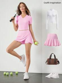 GLOWMODE FeatherFit™ Tiefer V-Ausschnitt Logo Kurzes Baby T-Shirt mit Schlank Sitz für ganztägiges Vertrauen, für Yoga Pilates Studio, Low Impact, Lässig Alltag Tragen - Kaugummipink - Übersicht 6