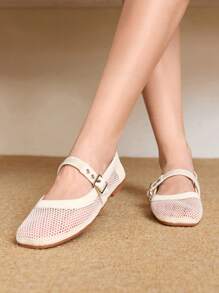 Styleloop Women's Casual Round Toe Flat Beige Woven Mesh Fabric Fashionable Simple Comfortable Breathable Buckle Strap Flat Shoes, Bohemian Style, Suitable For Vacation, Music Festival, Party - Beige - View 5