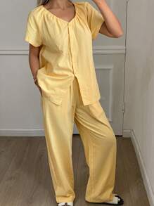 DAZY 纯色褶皱领口设计简约女士睡衣套装