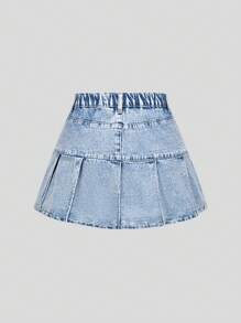 Tween Girls Fashion Light Blue Denim Washed Rhinestone Pleated Casual Elastic Waist Girls Denim Skirt