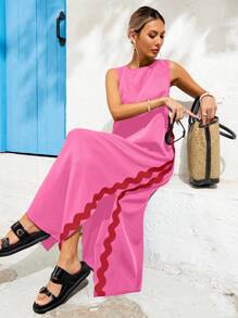 Vivid Eden Women Contrast Tape Loose Split Side Cami Dress, For Brunch, Summer Dresses For Women Women Maxi Dresses, Vacation Women Maxi Dresses, Resort Wear For Women,Bohemia - Coral Pink - View 3