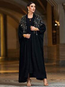 Al Najma Women's Rhinestone Plant Pattern Long Sleeve Loose Elegant Arabian Abaya Outerwear - Black - View 4