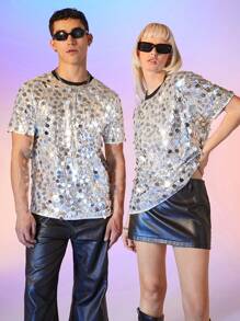 Manfinity UZERO 男女通用街头服饰银色亮片刺绣撞色领插肩短袖 T 恤