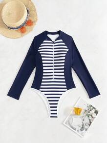 Swim SPRTY Women's Blue Striped Zipper Long Sleeve Surfing Jumpsuit - Blue - View 6