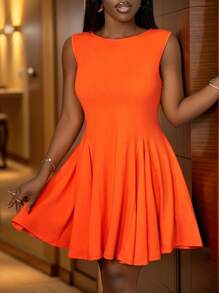Slaydiva 夏季假期简约休闲基本款圆领口袋喇叭下摆宽松短款连衣裙 - 橘色 - 查看 8