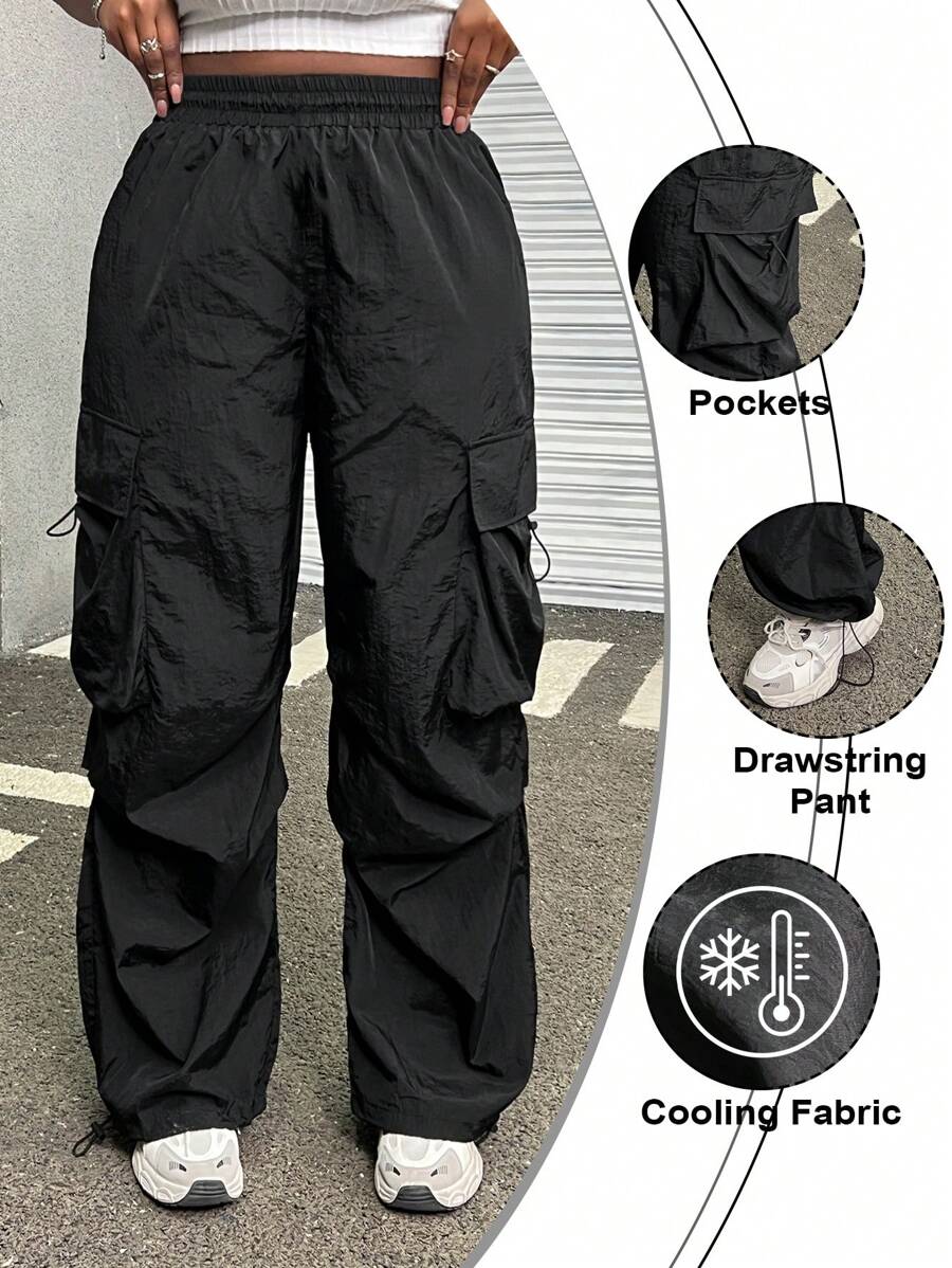 SHEIN EZwear 黑色抽绳腰部宽松休闲大码工装裤 - 黑色 - 查看 1