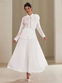 Aveloria Rosie 2pcs French Elegant Floral 3D Embellished See-Through Chiffon Button-Up Blouse And Pleated Skirt Set For Women