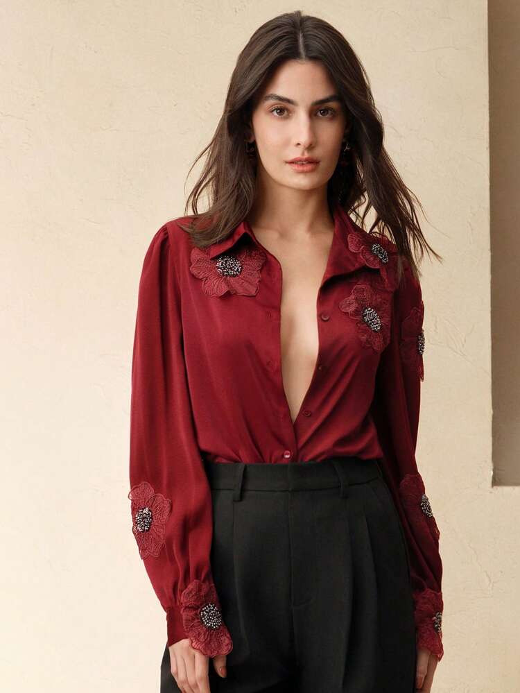 Elegant, Vacation, Holiday, Festival, Date Night French Style Long Sleeve Floral Peplum Blouse, Autumn/Spring, Flattering And Versatile