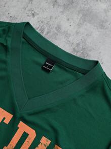 PAVTROS 男士字母印花 V 领短袖休闲 T 恤 - 綠色 - 查看 5