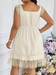 SHEIN Frenchy Váy cưới cỡ lớn cho nữ, Váy tốt nghiệp, Váy tiệc trà, Váy dự tiệc cưới mùa hè, Váy cocktail ngắn, Váy tốt nghiệp, Váy cưới cho quý cô, Váy thường ngày thời trang tay lửng và viền bèo nhún màu trơn - Màu be - Xem 7