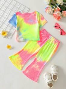 2 件套女婴休闲扎染短上衣和喇叭裤套装，春夏