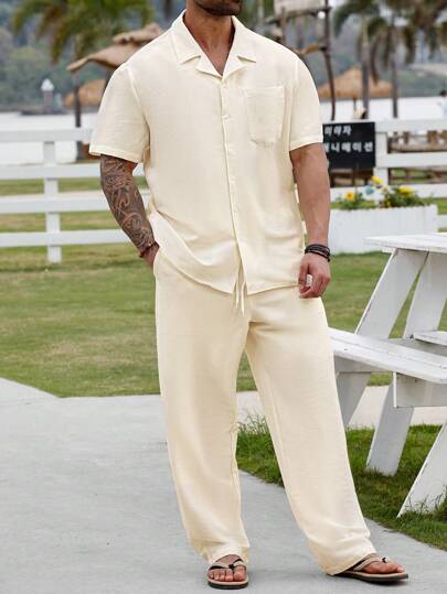 Manfinity Homme Plus Size Men Solid Color Short Sleeve Single-Breasted Shirt And Shorts Casual Suit Men Summer Clothes Men Shirt Co Ords Outfits For Men Men Shirt Co Ords Men 2 Pieces Linen Summer Outfits For Men Men Shirt Co Ords Matching Sets Men Men Shirt Co Ords, Cream Outfit Men