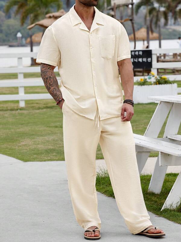 ResortEase HerrenGroße Größen Einfarbiges Kurzarm Einreiher Hemd und Shorts Lässig anzug Herrenbekleidung Sommer Herren Hemden Co-Ords Outfits Herren Hemden Co-Ords Herren 2-teilige Leinen Sommeroutfits Herren Hemden Co-Ords Matching Sets Herren Herren Hemden Co-Ords