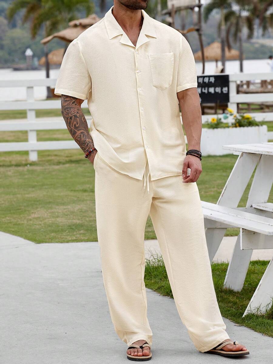 ResortEase Plus Size Men Solid Color Short Sleeve Single-Breasted Shirt And Shorts Casual Suit Men Summer Clothes Men Shirt Co Ords Outfits For Men Men Shirt Co Ords Men 2 Pieces Linen Summer Outfits For Men Men Shirt Co Ords Matching Sets Men Men Shirt Co Ords, Cream Outfit Men