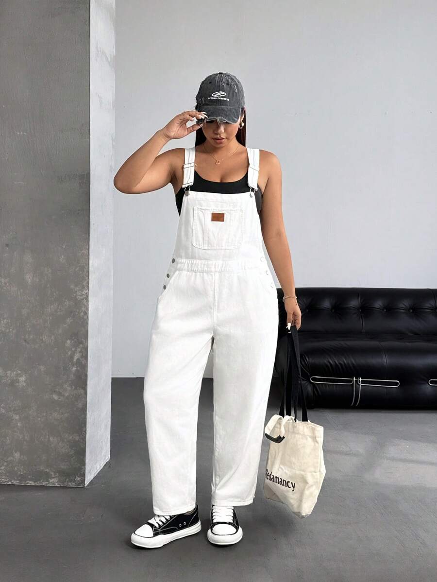 SHEIN ICON Plus Size Women's Casual Distressed Denim Jumpsuit With Suspender