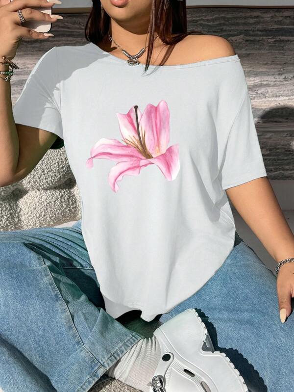 Flirla Tricou cu gât asimetric și cu umăr dezactivat pentru femei de mărime mare