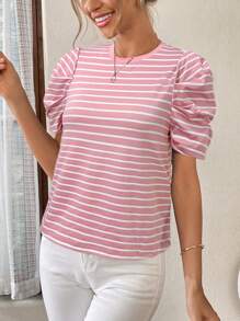 SHEIN Essnce Áo thun tay bồng sọc thường ngày cho nữ, mùa hè - Hồng - Xem 4