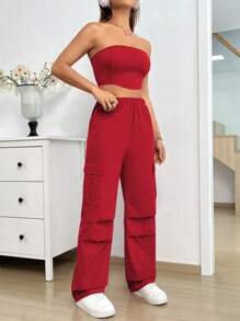 SHEIN Unity Tube Top & Cargo Pants 2 Pieces Set - Red - View 5