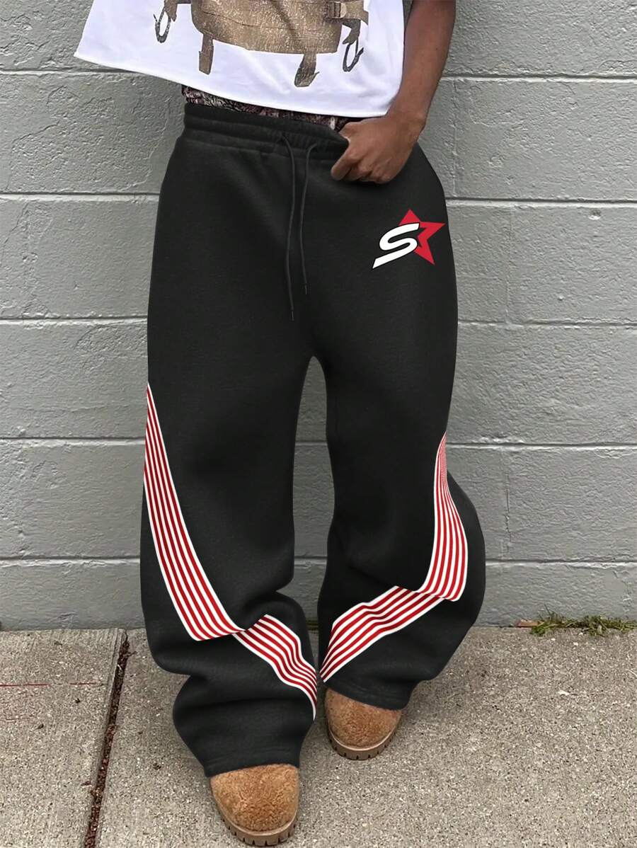 Manfinity EMRG Men's Plain Front Lace Up Graphic Casual Sweatpants - Black - View 1