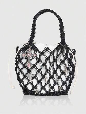 Fairycore 1 pièce Sac de plage avec paille style gothique croix et étoile, sac à main décoratif DIY pour dames (comprend 1 sac et 1 set d'accessoires)
