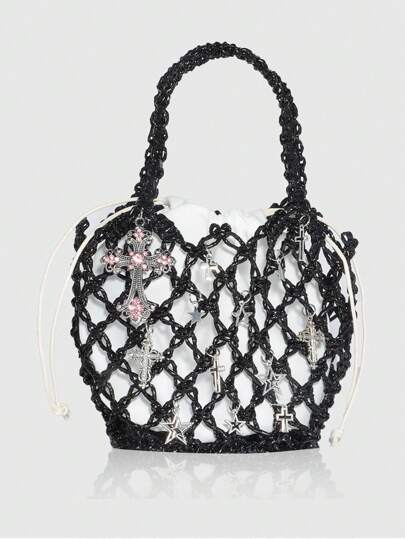 Fairycore 1pc Fashionable Personalized Spring/Summer Beach Vacation Style Orange Ocean Woven Beach Bag, Large Size Women Handbag