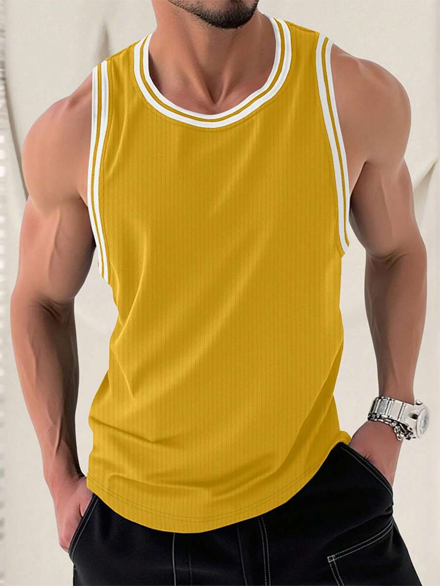 Manfinity Homme Men's Simple Stylish Contrast Trim Top, Suitable For Summer Men Summer Tank Tops Tank Top For Men Tank Tops Men - Yellow - View 1