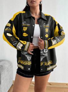 POPSWAY Plus Size Women Cool Color Block Pink Jacket - Yellow - View 6