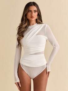 SHEIN BAE Black Asymmetric Lace-Up Long Sleeve Sheer Bodysuit, Suitable For Cocktail Party, Romantic Date, Autumn/Winter Base Layer, Party - White - View 5