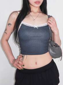 DAZY Débardeur court en patchwork de dentelle à pois Y2K pour femmes - Noir - Voir 3