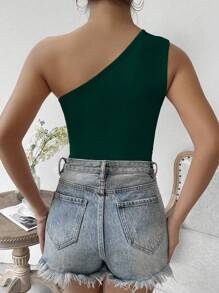 Zolique Women's Solid Color Fashionable Asymmetric Ruched Bodysuit - Dark Green - View 2