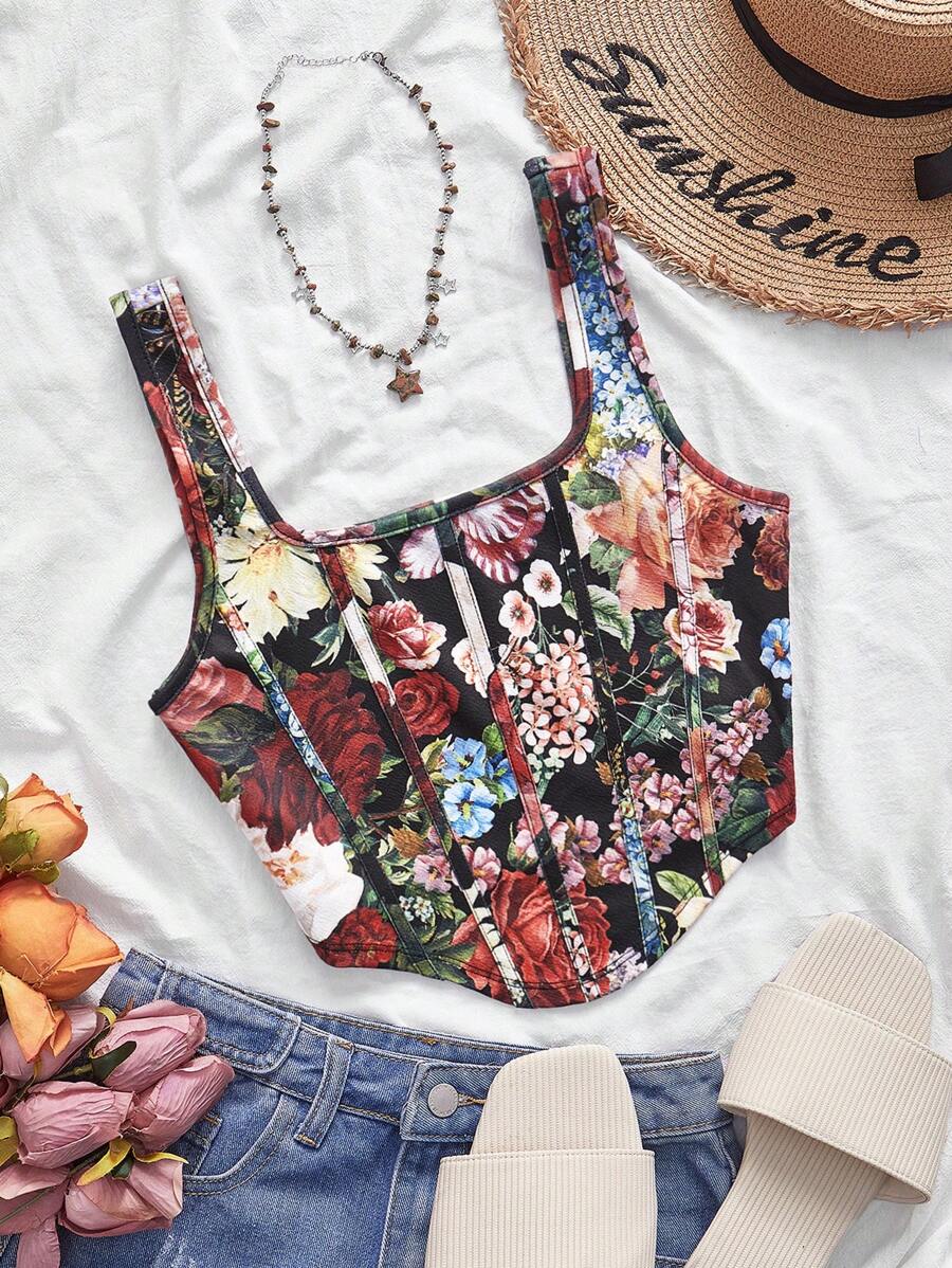 SHEIN VCAY Áo ba lỗ họa tiết hoa Jacquard viền bất đối xứng cỡ lớn cho nữ, áo corset đi biển, áo corset đi biển cho nữ, sinh nhật Y2k, mùa hè, kỳ nghỉ, lễ tốt nghiệp, lễ hội Rave dành cho phụ nữ Boho, đi chơi, sân bay cho phụ nữ miền Tây, ngày 4 tháng 7, phụ nữ châu Âu, mùa hè - Nhiều màu - Xem 1