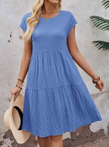 EMERY ROSE Women's Spring/Summer Solid Ruffle Hem Round Neck Short-Sleeve Dress Vacation Outfits Women,Bohemia