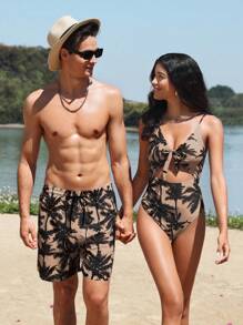 Manfinity VDAYZ Shorts de playa con cordón de cintura y estampado asimétrico de palmera para hombres - Multicolor - Ver 7
