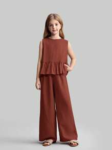 Ontre Tween Girls Summer Shades Of Brown 2 Pieces Set,Sleeveless Ruffle Hem Tank Top & Relaxed Pants,Solid Textured Casual Outfit For Holiday Tea Party - Rust Brown - View 4