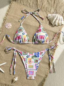 Soleia 2 件女式孔雀蓝针织卢勒克斯 V 领贝壳链系带沙滩比基尼套装