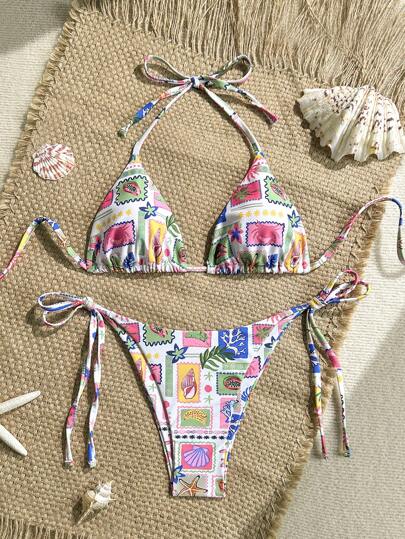 Soleia Summer Outfits For Women,Swim Suits For Women,Vacation Outfits Woman,Beachwear,Beach Outfits For Woman,2pcs Women's Tropical Island Vacation Starfish Shells Coconut Tree Print V-Neck Shell Chain Tie Strap Beach Bikini Set