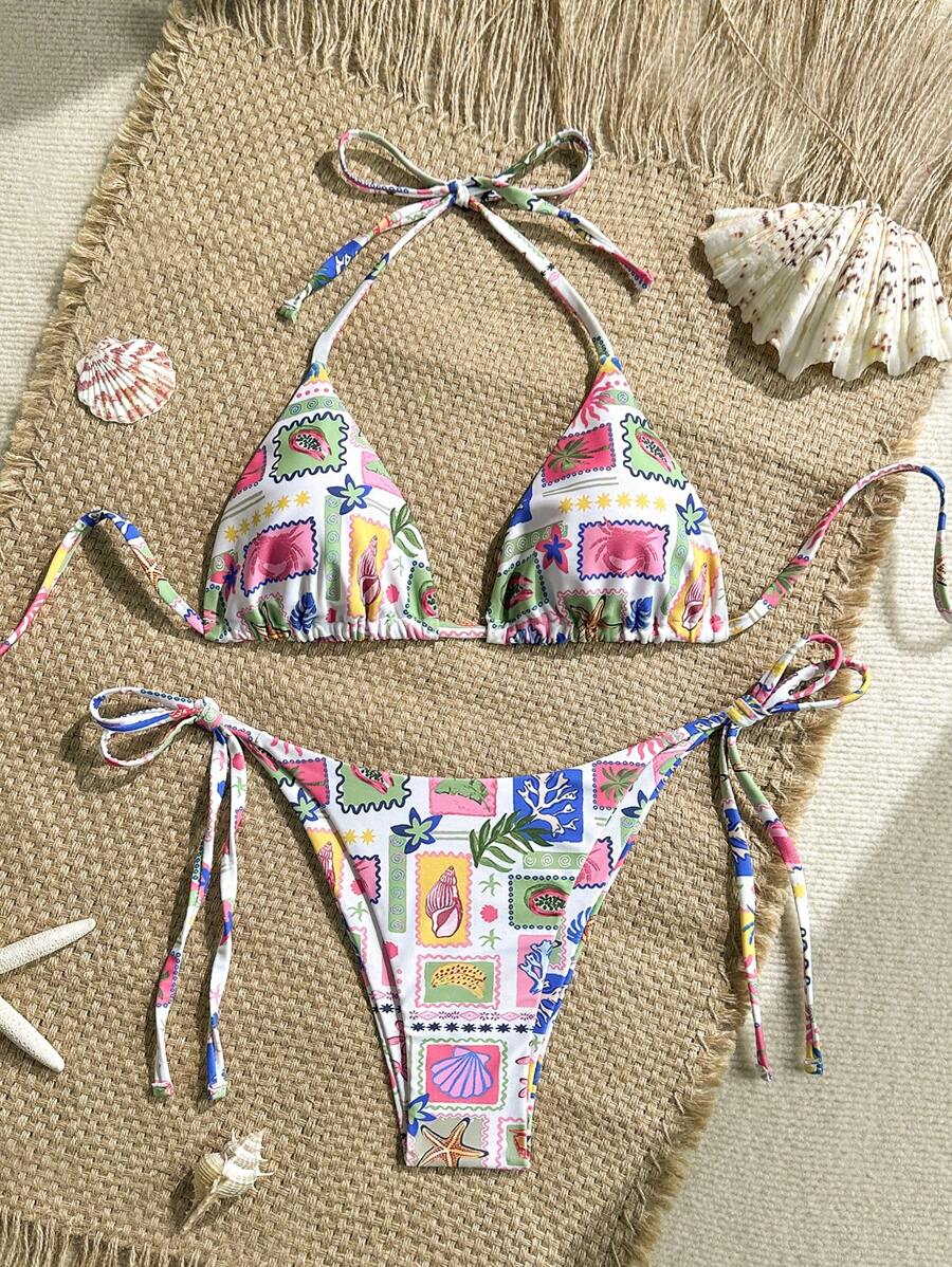 Soleia 2 件女式孔雀蓝针织卢勒克斯 V 领贝壳链系带沙滩比基尼套装