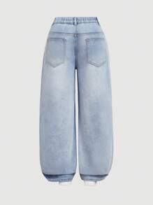 SHEIN MOD 大码低腰宽松阔腿蓝色牛仔裤、堆叠女式牛仔裤、女式妈妈牛仔裤、复古喇叭裤女式牛仔裤