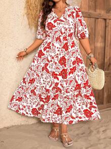 Breezaya Plus Size Tropical Plant Print V-Neck Puff Sleeve High Waisted Loose Dress, Vacation Style - Red - View 5