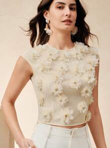 Anewsta Elegant Romantic Pearl Embellished Floral Print Casual Festival Women Spring Summer Blouse, T-Shirt - Apricot - View 7