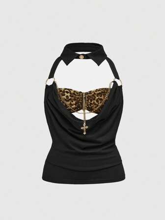 J-Fashion Y2K Harajuku Gyaru Vintage Animal Print Patchwork V-Neck 2 In 1 Cami And Tank Top, Plus Size