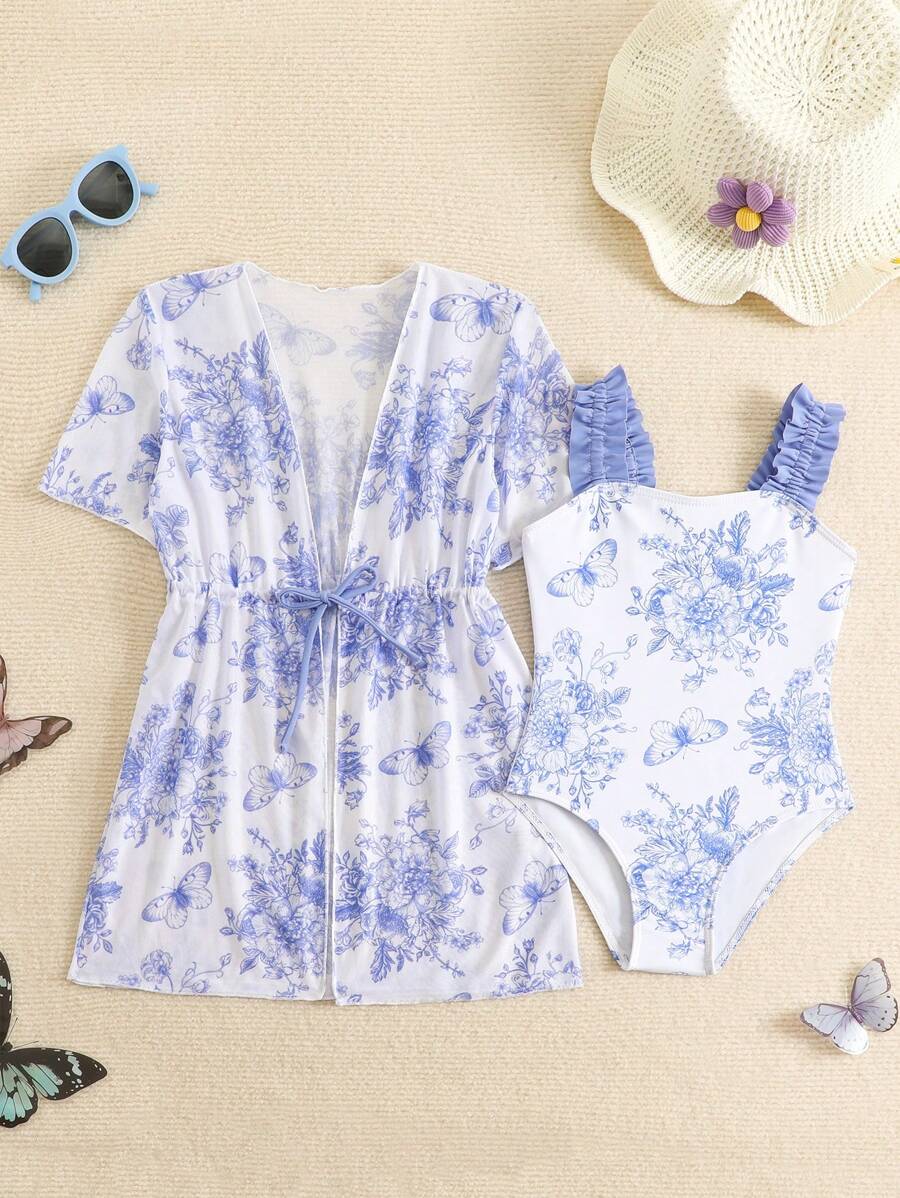 Tropical Coconut Tree Print Swimsuit + Matching Cover Up 2pcs Set For Young Girls Summer Holiday - Multicolor - View 1