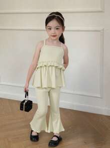 2pcs/Set Girls Casual Plain Ribbed Camisole Tank Top And Flared Leg Pants Set - Apricot - View 3