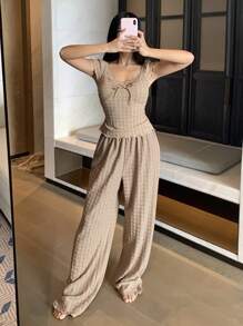 DAZY Women's Lightweight Textured Lace Patchwork Pajama Set - Khaki - View 7