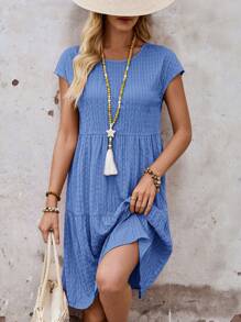 EMERY ROSE Women's Spring/Summer Solid Ruffle Hem Round Neck Short-Sleeve Dress Vacation Outfits Women,Bohemia